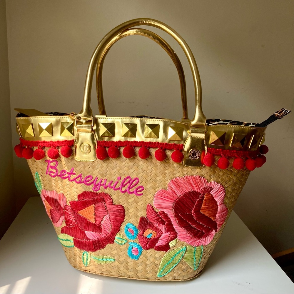 Betsey Johnson Handbag Large Straw Tote Betseyville La Playa Embroidered